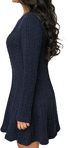 Mansy Women’s Cable Knit Ribbed A-Line Sweater Dress