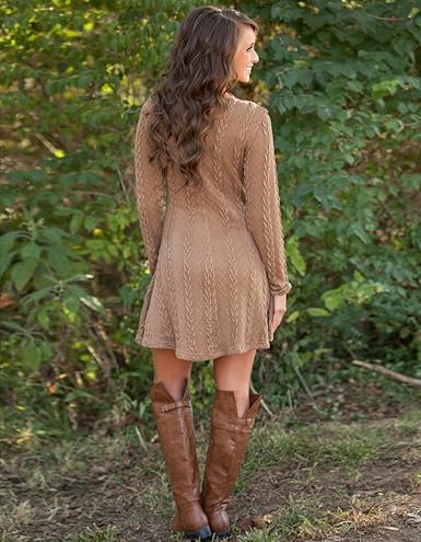 Mansy Women’s Cable Knit Ribbed A-Line Sweater Dress