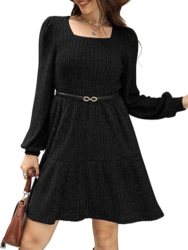 Robe pull à manches longues et col carré pour femme Sampeel