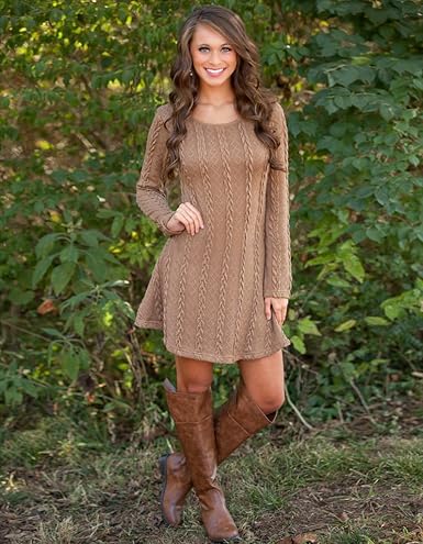 Mansy Women’s Cable Knit Ribbed A-Line Sweater Dress