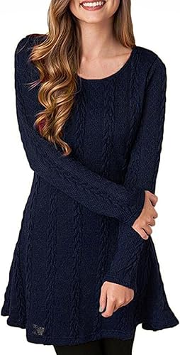 Mansy Women’s Cable Knit Ribbed A-Line Sweater Dress