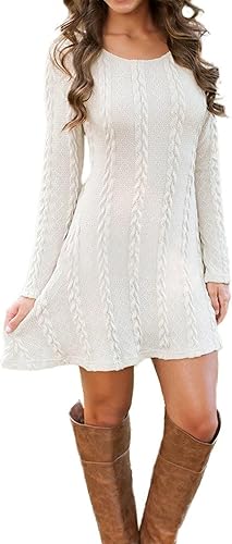 Mansy Women’s Cable Knit Ribbed A-Line Sweater Dress