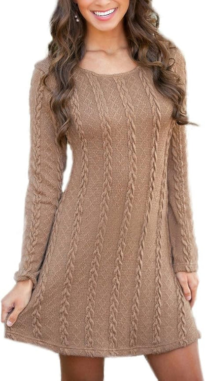 Mansy Women’s Cable Knit Ribbed A-Line Sweater Dress