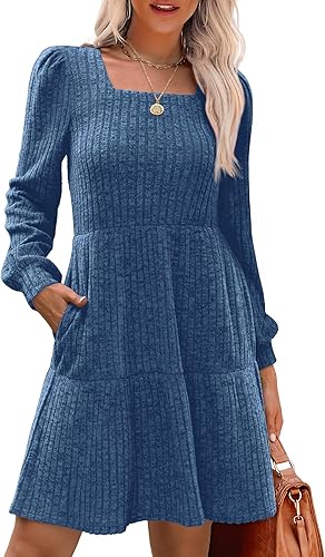 Robe pull à manches longues et col carré pour femme Sampeel